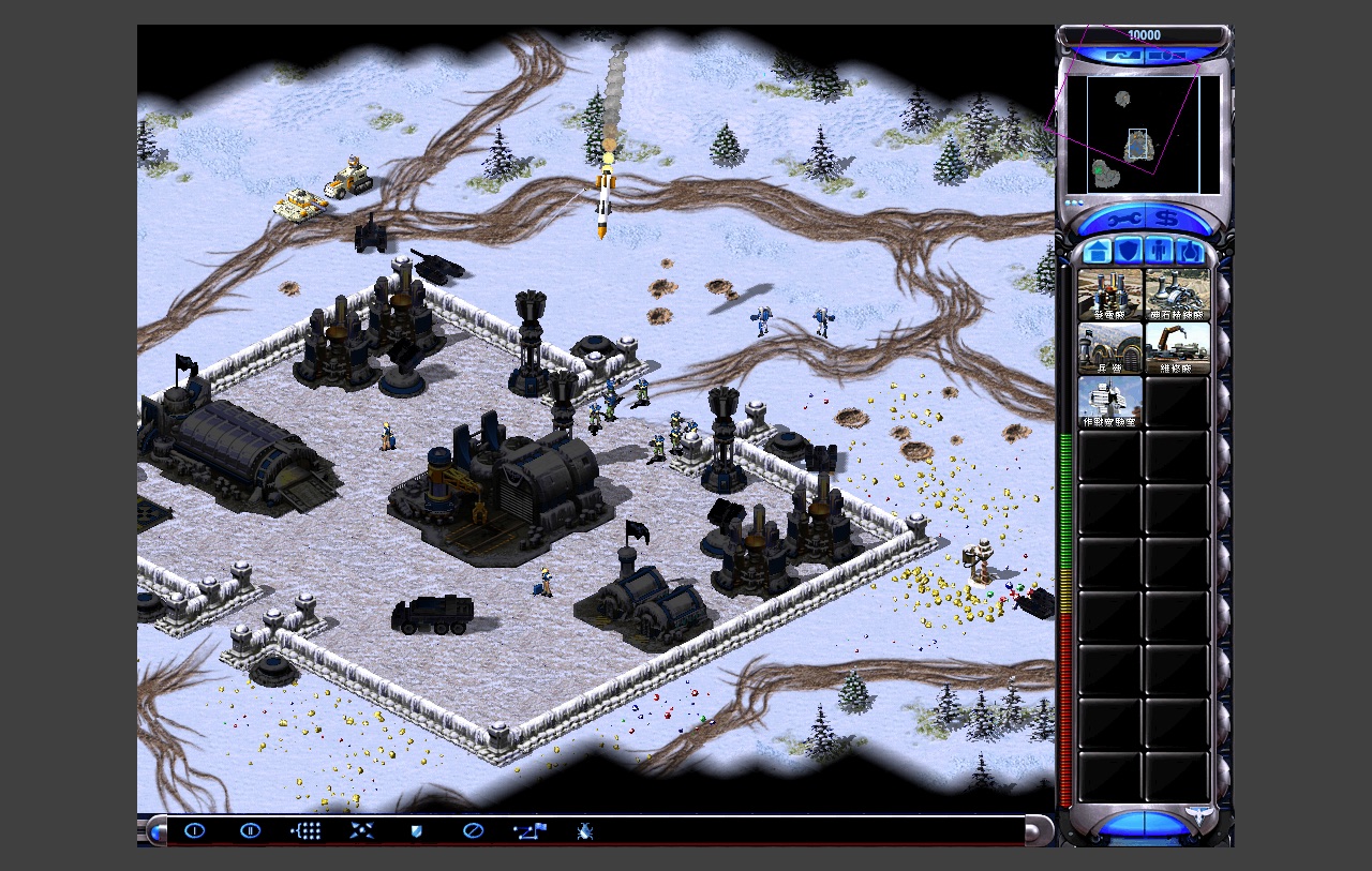 WannaFire gameplay showing a snowy base and units in battle